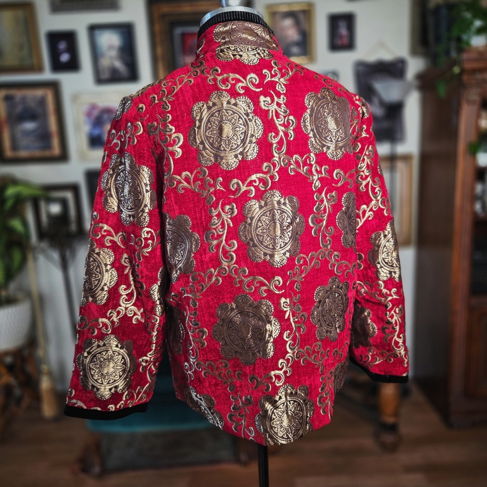 Qingguonushen Red Gold Brocade Jacket Vintage Style Frog Closure Quilted Coat XL - Picture 4 of 6
